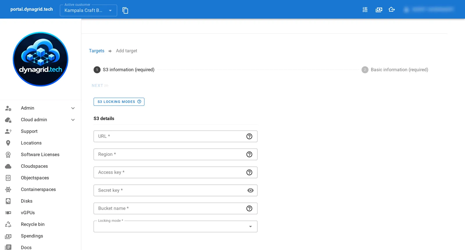 Add backup target form with S3 details: URL, region, access key, secret key, bucket name and locking mode
