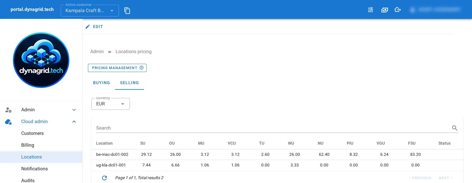 Locations pricing page of the VCO, selling tab, with prices per unit for two locations