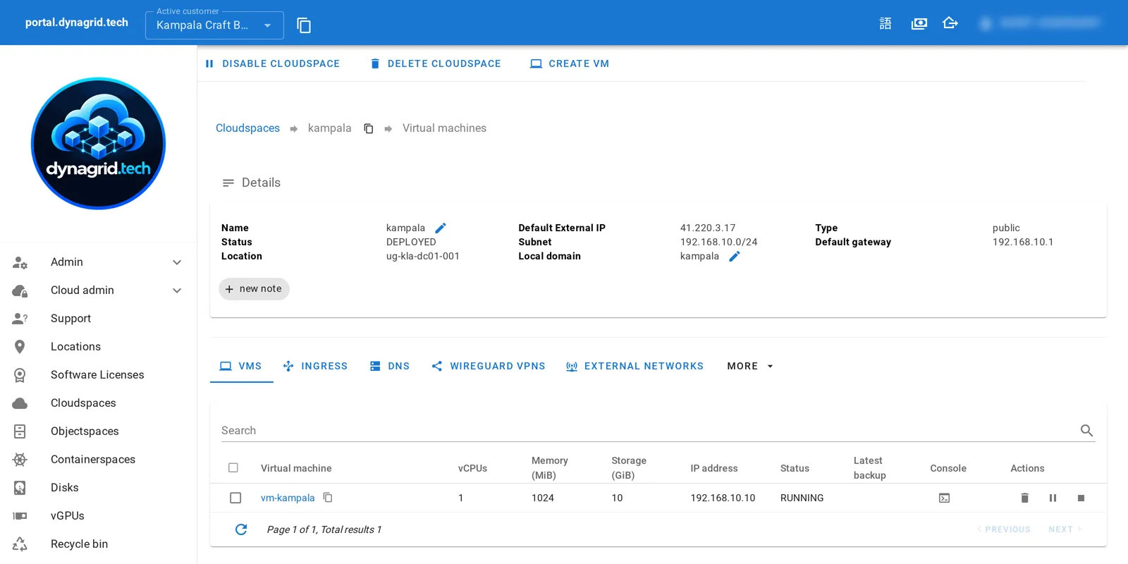 Cloudspace detail page with external IP, subnet and gateway, tabs for VMs, ingress, DNS, WireGuard VPNs and external networks, and one running VM