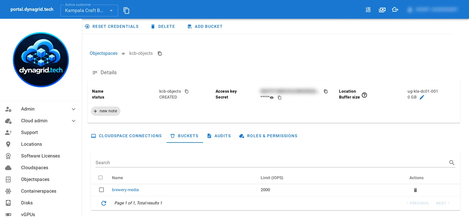 Objectspace detail page showing name, status created, location ug-kla-dc01-001, a blurred access key, and one bucket with an IOPS limit