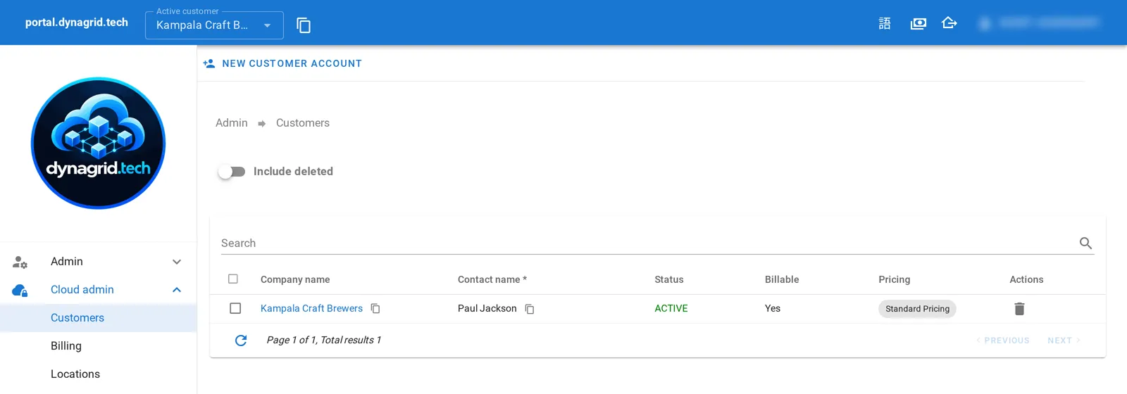 Customers page of the VCO admin portal listing a customer with contact, status active, billable yes and standard pricing