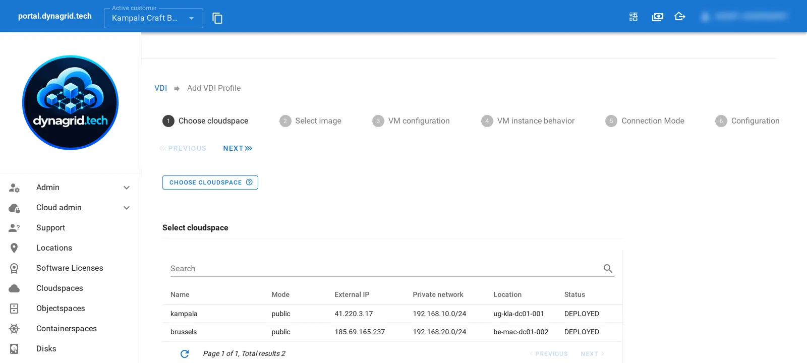 Add VDI profile wizard with six steps: choose cloudspace, select image, VM configuration, VM instance behavior, connection mode and configuration
