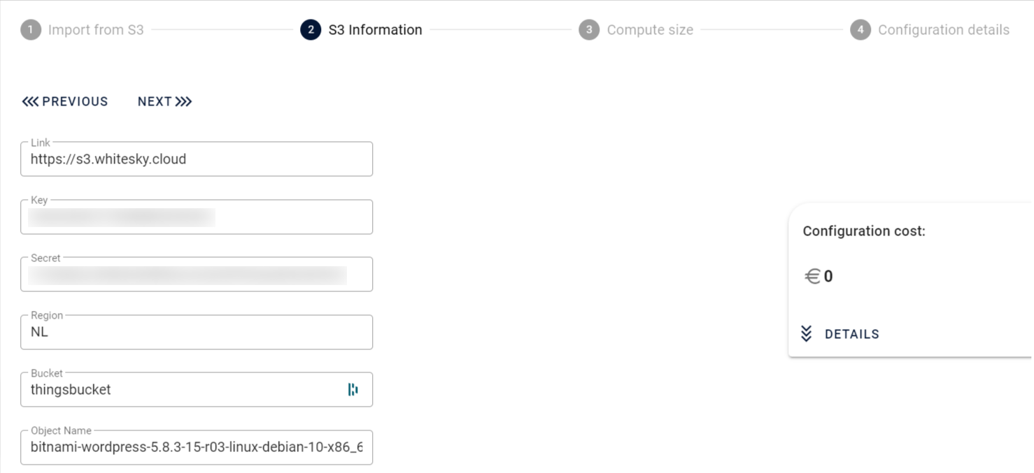 whitesky.cloud S3 configuration parameters